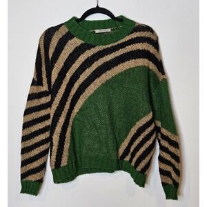 Niccolai Italy Mohair Knit Sweater M Green Tan Black Striped Pullover Fall